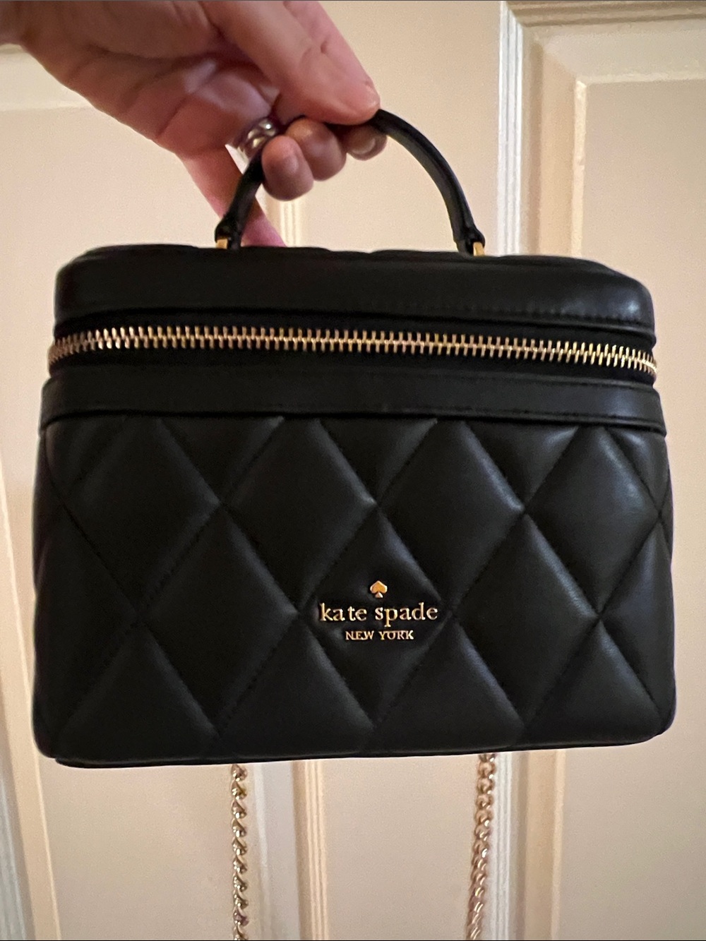 kate spade Black Quilted Carey Leather trunk Vanity Crossbody with Gold Chain